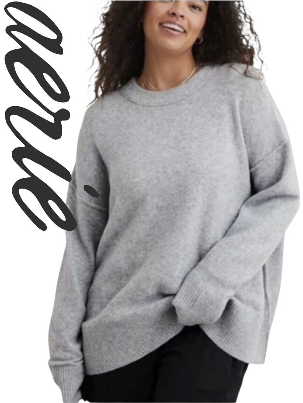 Aerie UNREAL Grey Knit Sweater Oversized  Cozy Lightweight Soft Exposed Seams